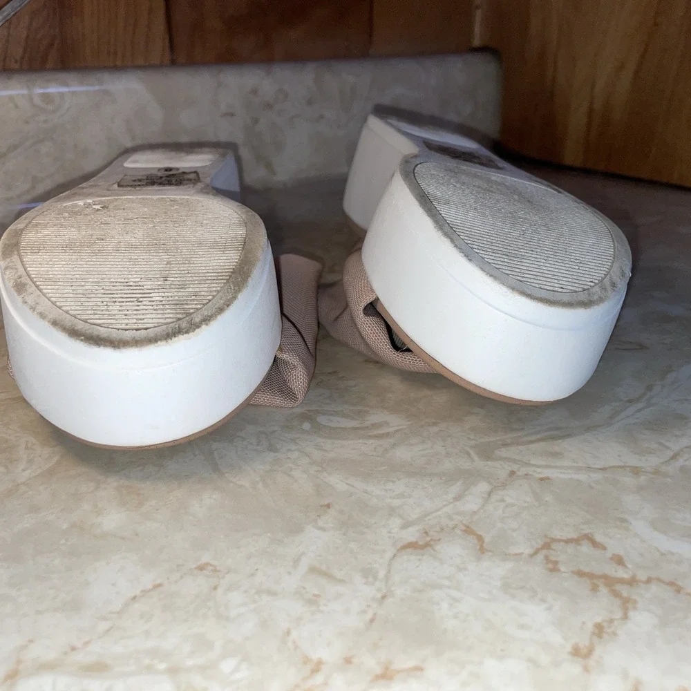 Nude and White platform Slides Elastic Fabric Upper 8M‎ Womens